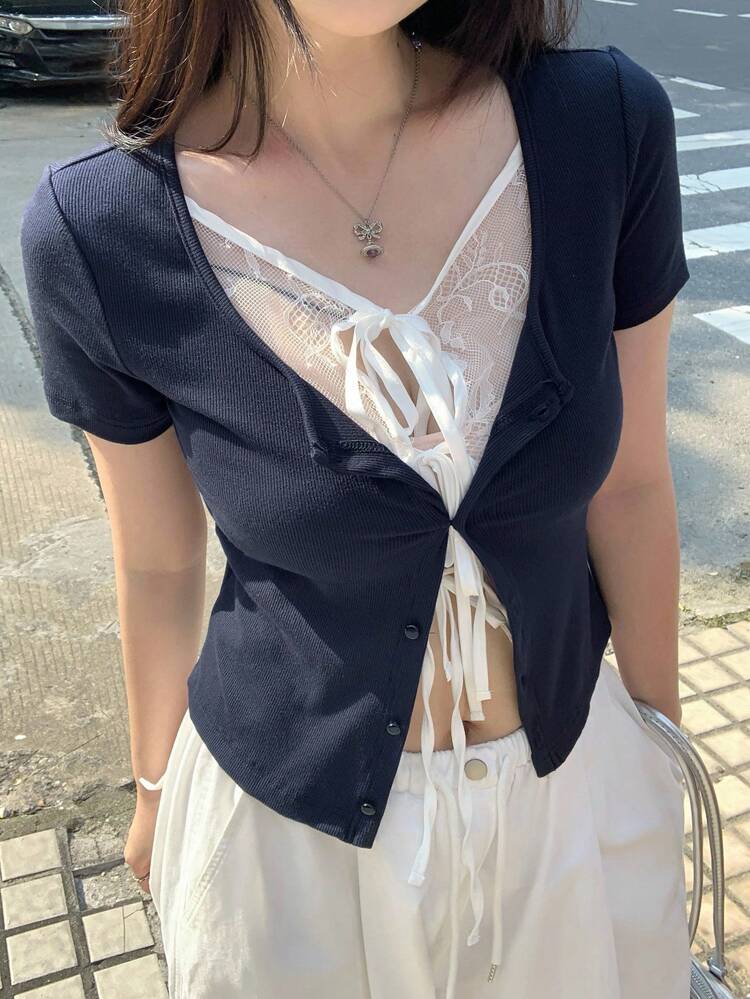 Women's Summer 2 In 1 Contrast Color Patchwork Hollow Out Lace Up Drawstring Tie Lace Cardigan Cropped Top