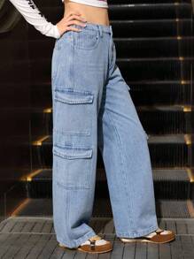 Calça Cargo Denim Azul Claro de Estilo de Streetwear Y2K para Adolescentes, Solta, com Múltiplos Bolsos