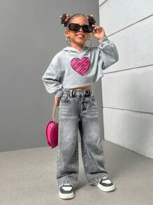 SHEIN Sparklyn 年轻女孩时尚休闲水洗牛仔直筒裤，带刺绣后袋，阔腿牛仔裤，儿童宽松牛仔裤，年轻女孩，女孩 - 灰色 - 查看 5