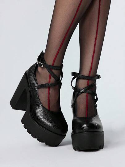 Women's Dark Gothic Punk Rock Mary Jane Shoes, Closed Toe Criss-Cross Strap, Chunky Heel, Buckle Decor, Japanese JK Uniform Shoes, Waterproof Platform, Formal Work High Heels, Halloween