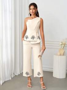 Gownix Women's Asymmetric Shoulder Beige Elegant Floral Embroidery 2 Pieces Outfit,Slim Fit Straight Leg Pants,Summer Day Party Vacation Contrast Trim Set - Khaki - View 2
