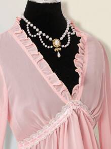 SHEIN ICON 层叠荷叶边 V 领蕾丝边喇叭袖迷你连衣裙 - 粉色 - 查看 5