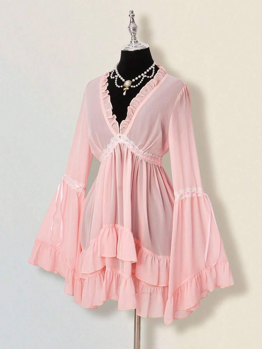 SHEIN ICON 层叠荷叶边 V 领蕾丝边喇叭袖迷你连衣裙 - 粉色 - 查看 1