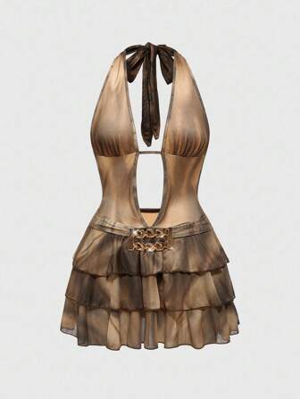 Street Life California Girl Street Style Sexy Deep V-Neck Low Waist Metal Nameplate Mini Dress For Women