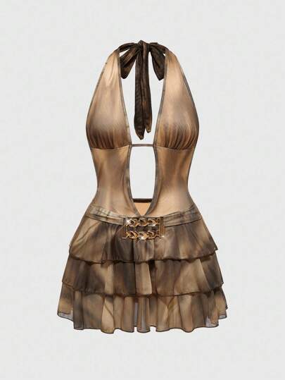 Street Life Vestido mini para mujer con escote en V profundo, cintura baja y placa de identificación metálica, estilo de calle de chica de California