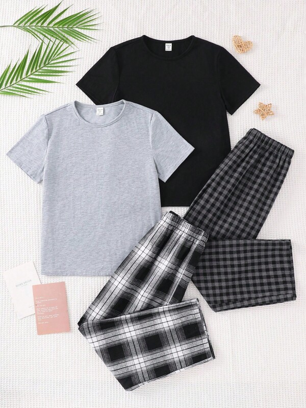 SHEIN 4-Piece Tween Boy Spring And Summer Pajama Set - Gray And Black Simple Solid T-Shirt, Paired With Soft And Loose Checkered Pants, Comfortable And Cost-Effective Multi-Piece Pajama Set Boys Lounge Set Tween Boy Clothes Set Casual Tween Boys Sets Boys Outfit Sets Teen Boys Outfit Sets Pajama Set Kids Boys Outfit Sets Kids Clothes Back To School Fashion,Autumn Outfits,Home Pajamas