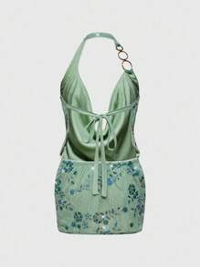 ROMWE Hippie Vintage Plunging Neck Sexy Y2K Party Sequin Halter Mini Dress For Women - Green - View 4
