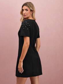 Vestido elegante de mujer decorado con cristales y perlas, para verano - Negro - Ver 7