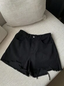 Dazy Plus 纯色牛仔不对称下摆磨边性感短裤 - 黑色 - 查看 5