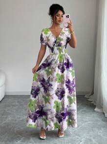 Elenzga Vestido largo con cuello en V y manga corta con estampado floral colorido para mujer