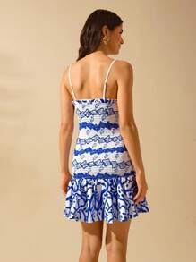 CAJUNI Women's Summer Fashionable Printed Frill Edge Camisole Short Dress - Green - View 2