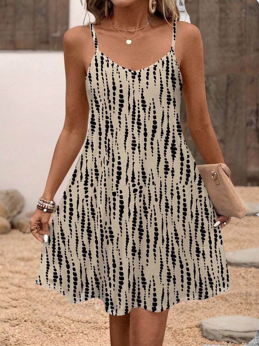 SHEIN LUNE Vestido mini de punto con estampado geométrico de lunares para mujeres de talla grande, apropiado para el verano - Caqui - Ver 1