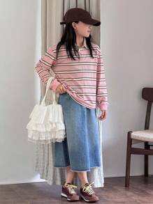 DAZY Tween Girl Casual Everyday Colorblock Striped Long Sleeve T-Shirt Fall,Winter - Pink - View 2