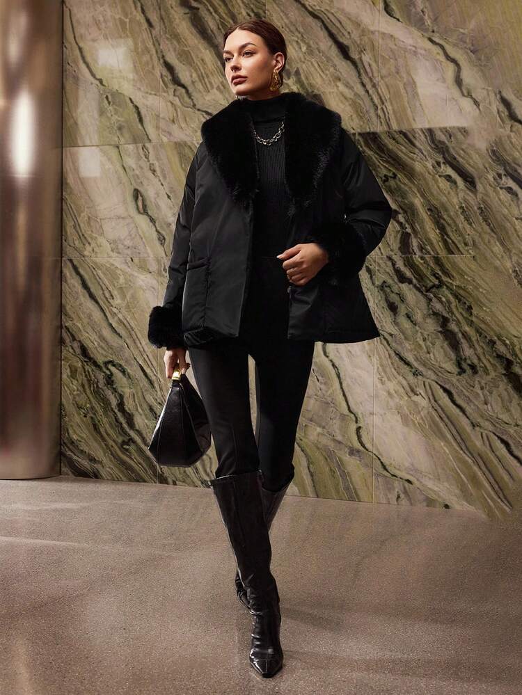 CONTRAST FAUX FUR BELTED WINTER COAT