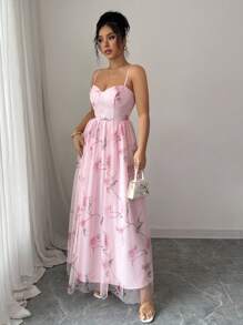 Elenzga Elegant Floral Rose Print Sleeveless A-Line Long Dress With Ruffle Trim, Romantic Spring/Summer Resort Chiffon Maxi Dress, Flattering Style - Pink - View 5