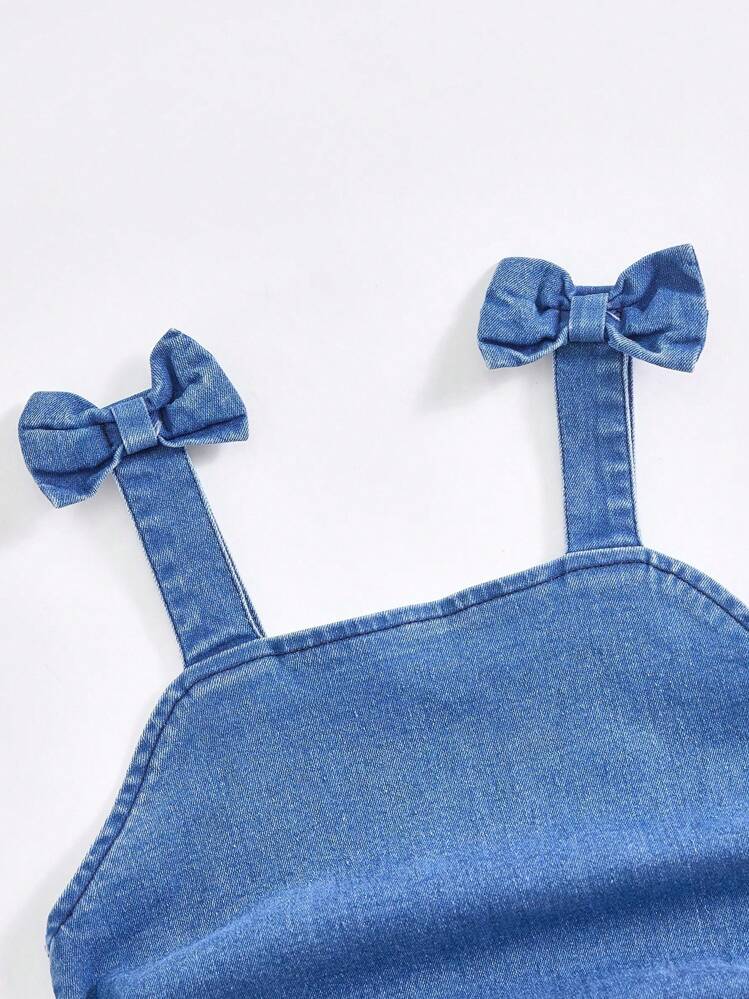 Elladie kids Girls' Casual Soft Washed Denim Dress With Bowknot Decor, Elastic Waist Patchwork Dress, Lightweight Summer Teen Girls Blue Denim Dress Girls Ruffle Dress Girls Tiered Denim Dress Fall Winter - Medium Wash - View 7