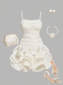 SHEIN MOD Robe de bal bouffante romantique mignonne couleur abricot avec ourlet en bouton. Robe blanche à volants. Robe de graduation blanche. Robe de fête blanche pour enterrement de vie de jeune fille, robe d'anniversaire pour femmes, robe de fête, robe de bal des finissants