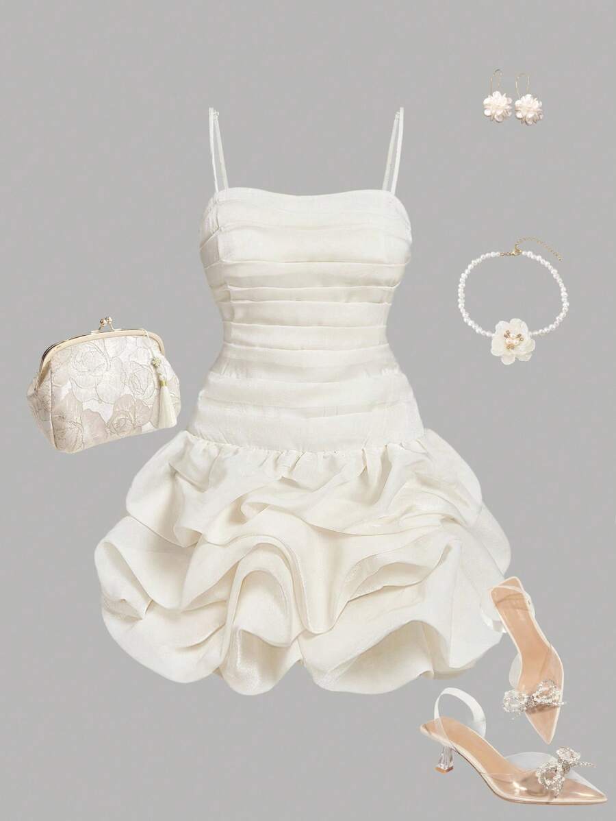SHEIN MOD Robe de bal bouffante romantique mignonne couleur abricot avec ourlet en bouton. Robe blanche à volants. Robe de graduation blanche. Robe de fête blanche pour enterrement de vie de jeune fille, robe d'anniversaire pour femmes, robe de fête, robe de bal des finissants