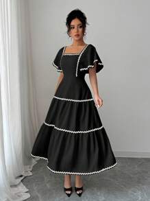 Rafferiza 女式方领泡泡袖纹理法式度假荷叶边下摆连衣裙，优雅奶油黄色