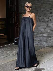 DAZY 女式宽松长款牛仔背带裤，休闲街头风格连体裤 - 深色水洗藍 - 查看 1