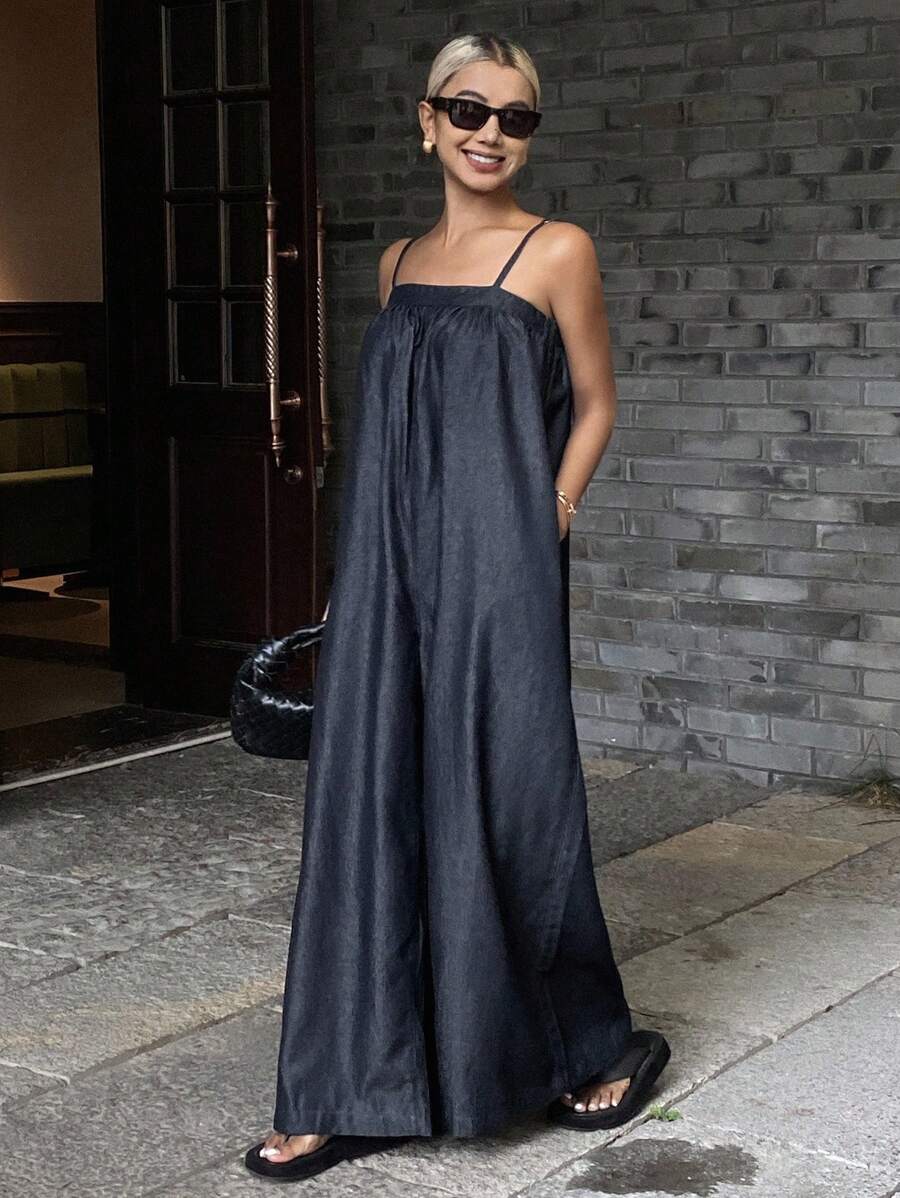 DAZY 女式宽松长款牛仔背带裤，休闲街头风格连体裤 - 深色水洗藍 - 查看 1