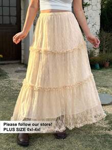 SHEIN EZwear 大码女式蕾丝边长款优雅 A 字裙 - 米色 - 查看 1