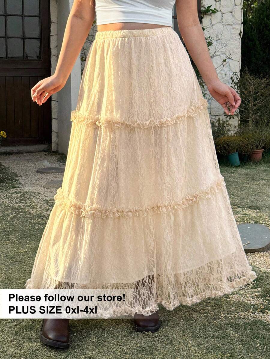 SHEIN EZwear 大码女式蕾丝边长款优雅 A 字裙 - 米色 - 查看 1