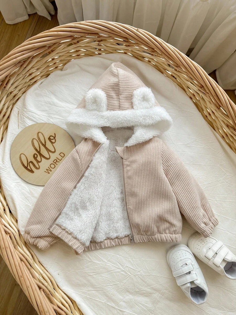 SHEIN Newborn Baby Girl Cute Versatile Pink Corduroy Hooded Jacket, Autumn/Winter Baby Bear Jacket Baby Hooded Cardigan Baby Girl Cute Sweater Jacket Winter Baby Girls Clothes Toddler Winter Jacket Fall