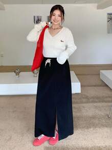 Dazy Plus 松紧腰抽绳系带直筒开衩针织百搭大码女式半身裙秋季半身裙 - 黑色 - 查看 4