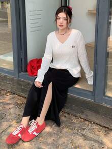 Dazy Plus 松紧腰抽绳系带直筒开衩针织百搭大码女式半身裙秋季半身裙 - 黑色 - 查看 6