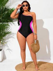 SHEIN Swim Curve Traje de baño de una pieza para mujer de talla grande, bañador casual sexy de un solo hombro para vacaciones