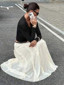 Siren Gaze 秋季女装 - 女士 A 字裙，米色雪纺松紧腰荷叶边下摆，2025 年秋季新款必备单品，非常适合办公室装扮、约会之夜、返校季、演唱会装扮和休闲装，时尚百搭飘逸的秋季女士服装