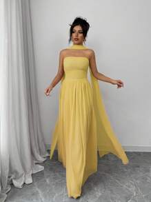 Elenzga 1 chiếc váy yếm màu trơn cho nữ có chi tiết xếp ly, váy dài không tay thanh lịch, trang phục maxi cho nữ - Màu vàng - Xem 4