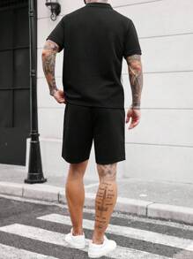 Manfinity CasualCool Men's Premium Grey Jacquard Wheat Texture Polo Shirt And Shorts Set,2 Pieces Casual Streetwear Summer Outfit For City Break,Minimalist Daily Wear - Multicolor - View 2