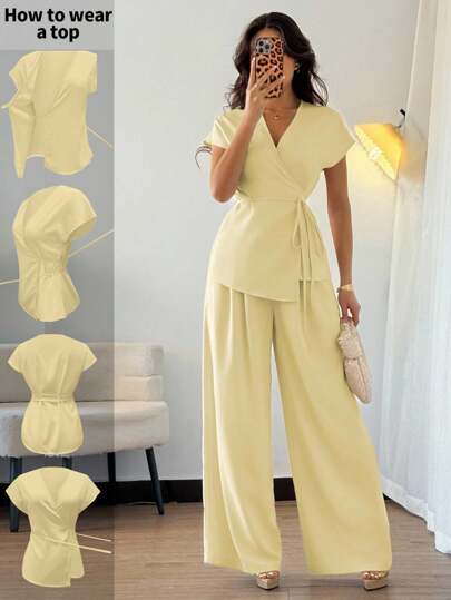 Elenzga طقم بلوزة أنيقة بكم خفيف على شكل وطواف مع بنطال فضفاض ذو ساق واسعة، قطعتين، خفيف الوزن، مناسب للخروجات الصيفية، المواعيد، الإجازة، باللون البيج