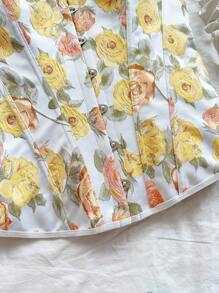 Soleia 女士复古宫廷风格彩色花卉提花印花抹胸短款上衣，配有纽扣和后系带 - 彩色 - 查看 7