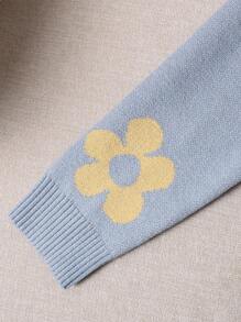 SHEIN 秋冬款女童花卉图案圆领长袖毛衣 - 霧霾藍 - 查看 7