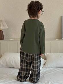 Dazy Kids Young Boys Letter Print Long Sleeve Top & Plaid Pants Pajama Set