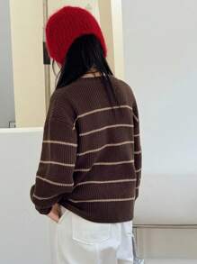 DAZY Tween Girls Crew Neck Striped Long Sleeve Sweater, Fall - Coffee Brown - View 5