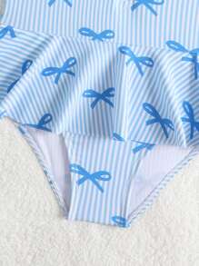 SHEIN 女童条纹蝴蝶结印花连体泳衣，适合度假和海滩穿着 - 淺藍色 - 查看 5