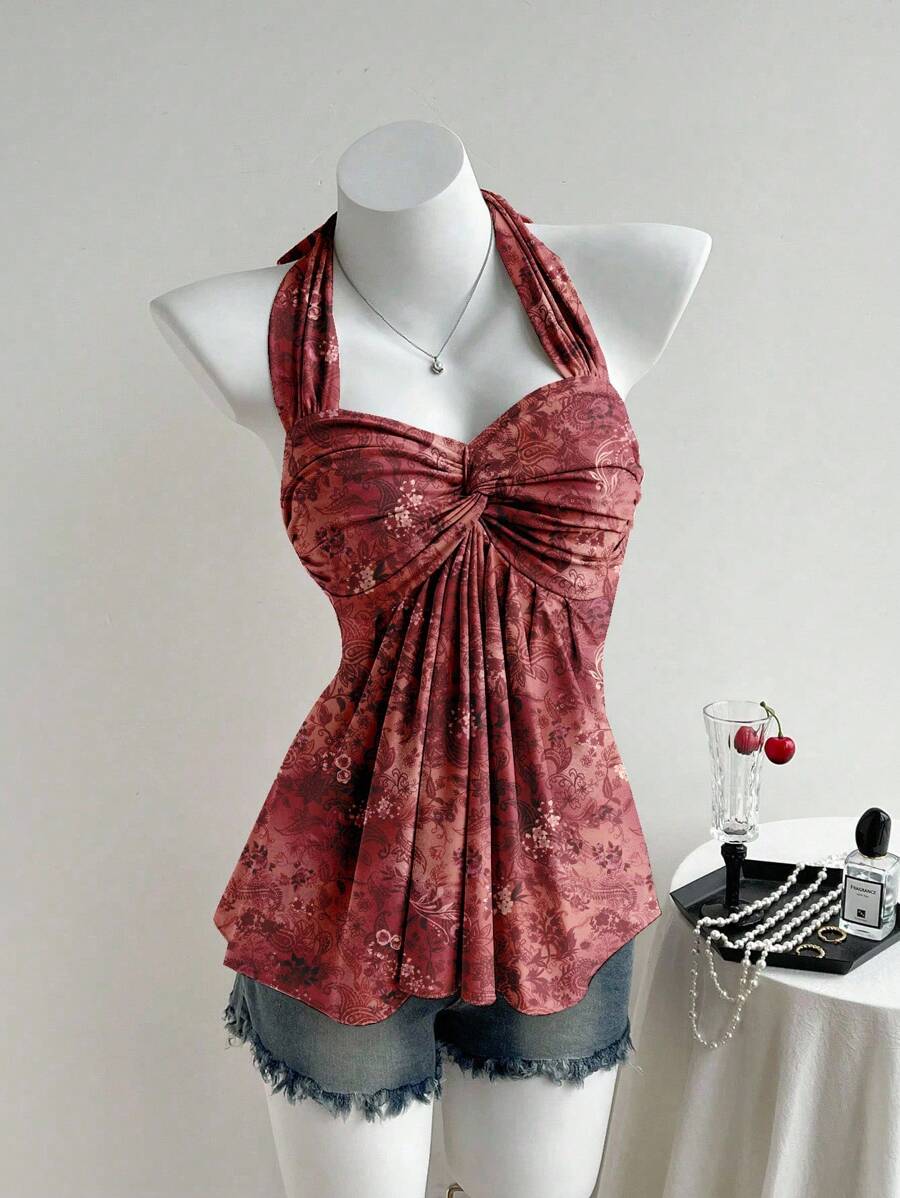 Comfortcana 女式休闲简约 Y2K Grunge 腰果花露背短款上衣