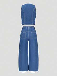 Nova Glow Tween 女孩春夏休闲街头时尚纯色 V 领无袖背心和宽松直筒裤牛仔两件套、夏季海滩波西米亚风度假短裤、夏季音乐会节日休闲狂欢装、女孩夏季早午餐毕业装 - 深色水洗藍 - 查看 2