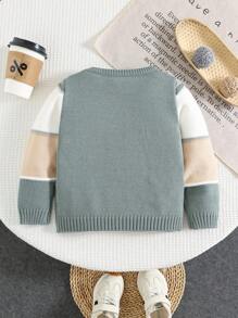 SHEIN 男童休闲舒适百搭拼色圆领毛衣，适合秋冬季 - 彩色 - 查看 2