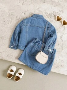Elladie kids 女婴两件套牛仔套装，秋冬新品，可爱俏皮风格，时尚修身，牛仔蓝水洗牛仔外套和裙子套装，彩色花卉刺绣，适合外出和新品 - 中等水洗藍 - 查看 2