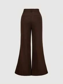 SHEIN MOD Bộ vest nữ đơn giản cổ khoét, eo thắt và quần ống loe, Bộ vest nữ, Bộ đồ hai mảnh màu nâu dành cho nữ, Quần ống loe cho mùa thu/đông - màu nâu - Xem 7