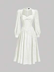 SHEIN MOD 女士优雅纯色镂空灯笼袖中长连衣裙 - 白色 - 查看 2