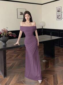 Modelyn Women's Off Shoulder Ruched Waist Elegant Wedding/Party Dress - Purple - View 5