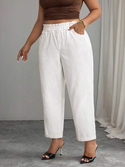 Elenzga Plus Size Casual Versatile Solid Color Tapered Jeans