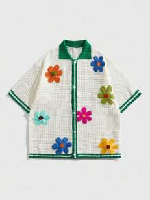 ROMWE MEN Street Life Men's Vacation Floral Decor Contrast Trim Short Sleeve Cardigan