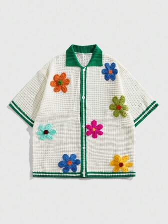 Street Life Men's Vacation Floral Decor Contrast Trim Short Sleeve Cardigan